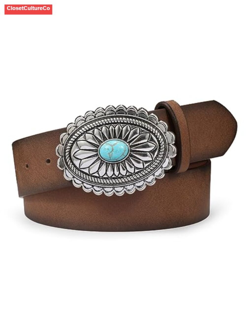 Women's Western Faux Leather Belt Vintage Turquoise Buckle Cowgirl Concho